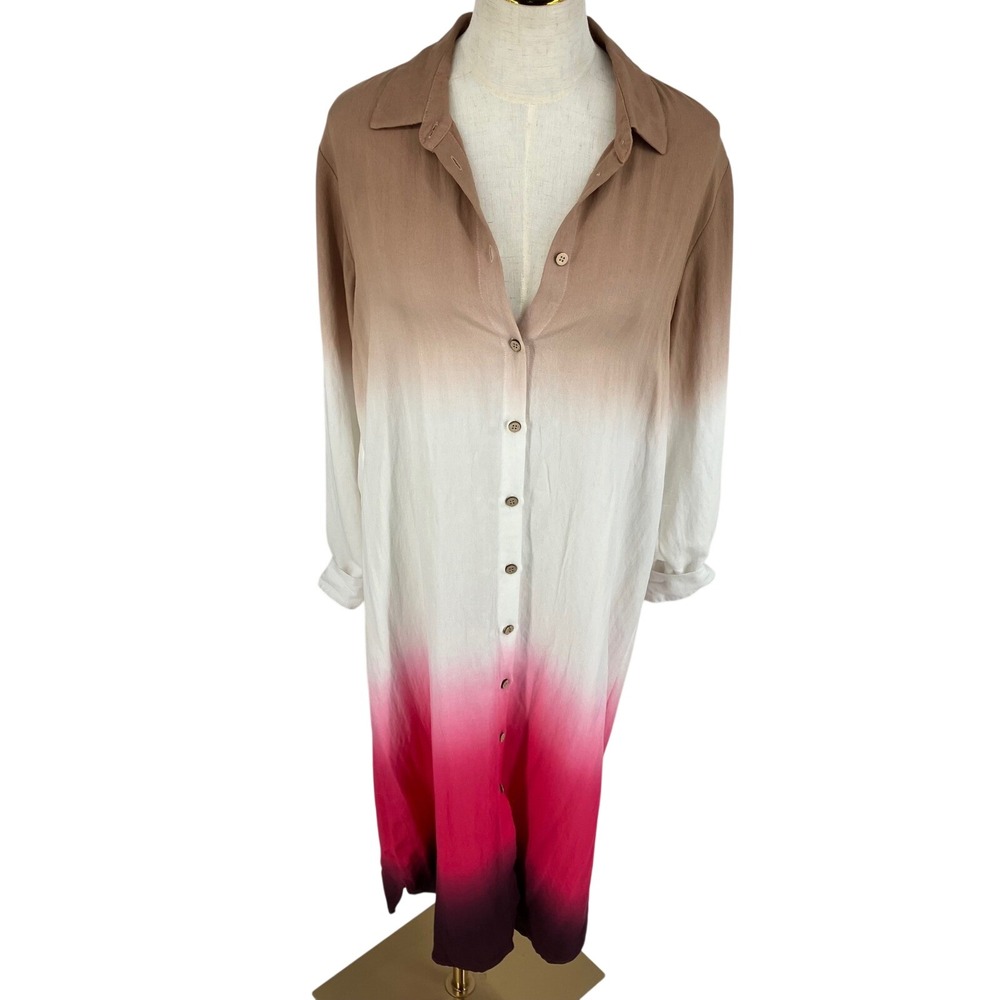 Ombre Shirt Dress Tan Pink Button Front Maxi Gradient Minimalist Chic Art Deco S - Picture 3 of 9